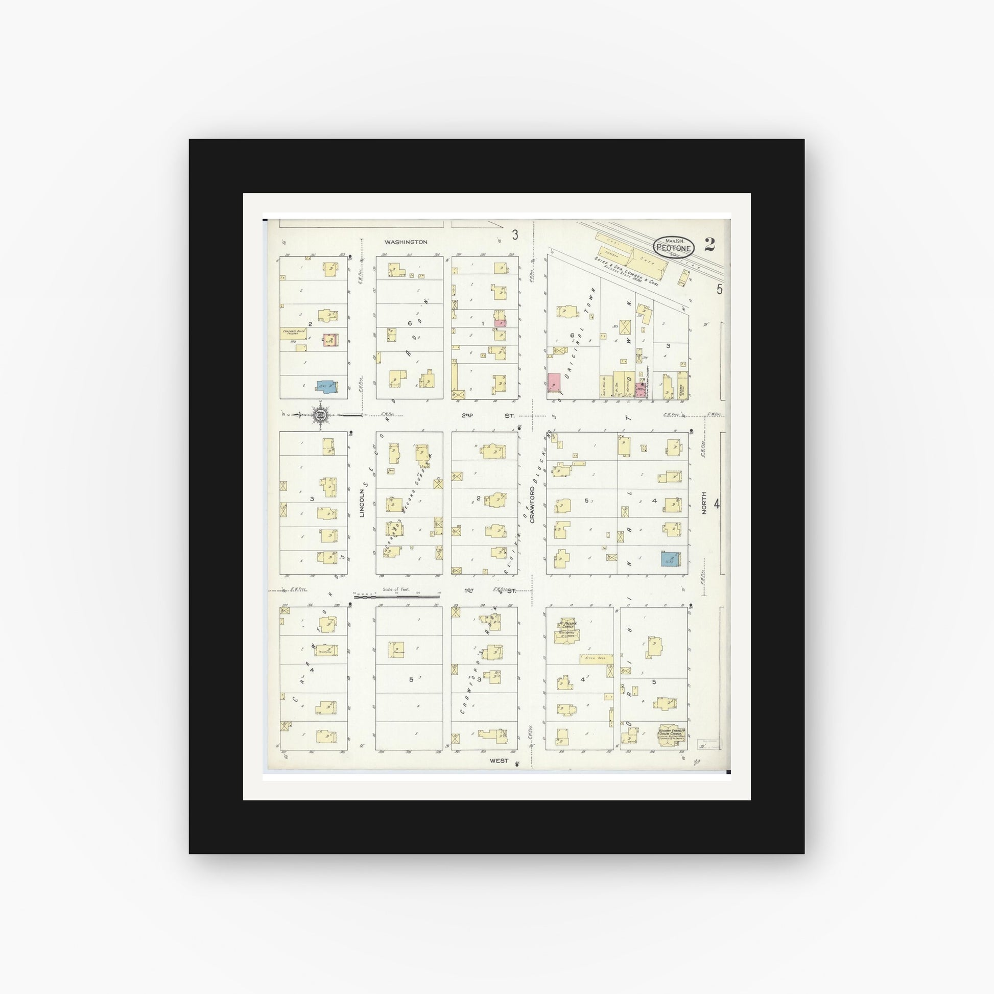 Old map wall art mockup — black gallery frame with white mat — Sanborn Fire Insurance Map from Peotone, Will County, Illinois (1914), Sheet #0002
