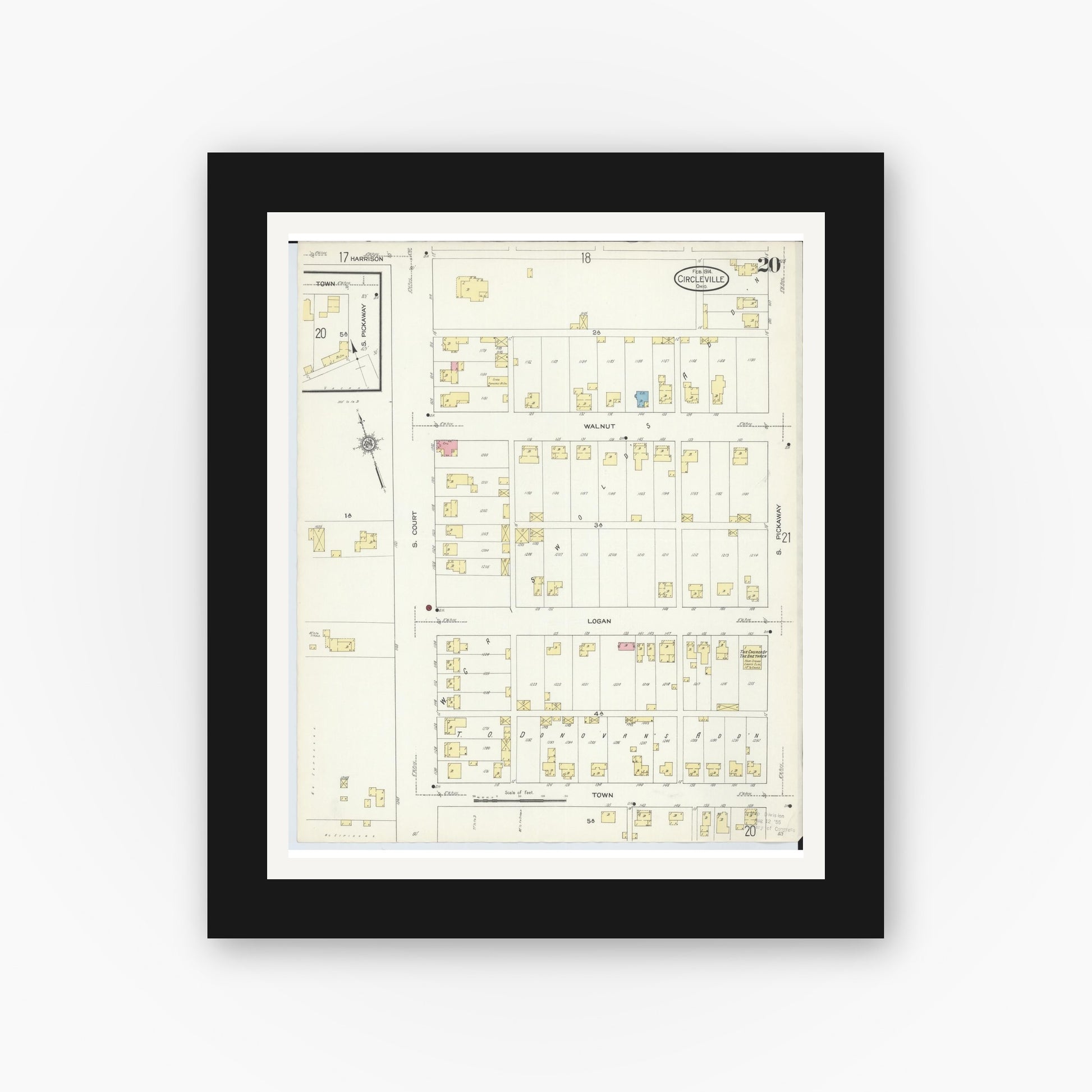 Old map wall art mockup — black gallery frame with white mat — Sanborn Fire Insurance Map from Circleville, Pickaway County, Ohio (1914), Sheet #0020
