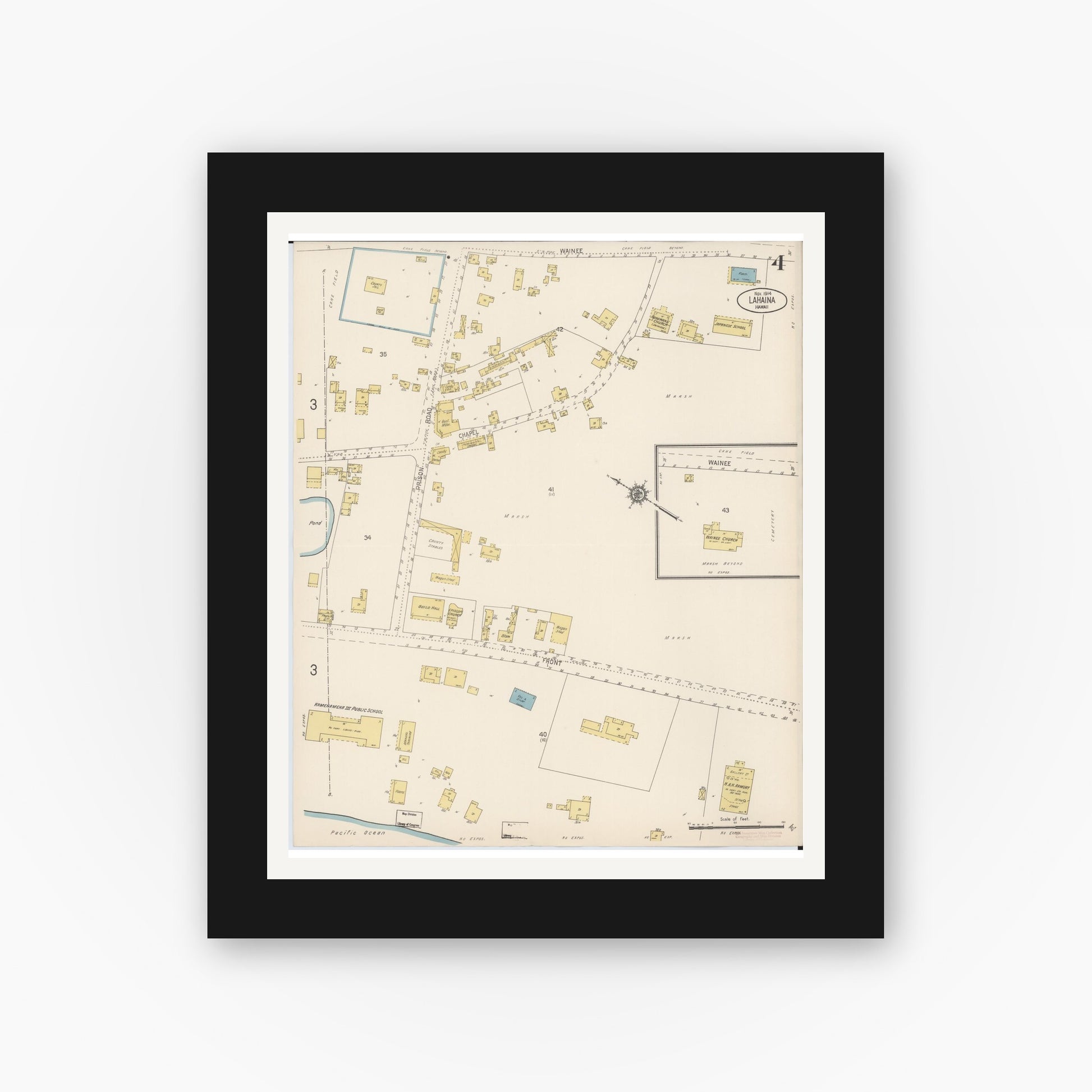 Old map wall art mockup — black gallery frame with white mat — Sanborn Fire Insurance Map from Lahaina, Maui County, Hawaii (1914), Sheet #0004