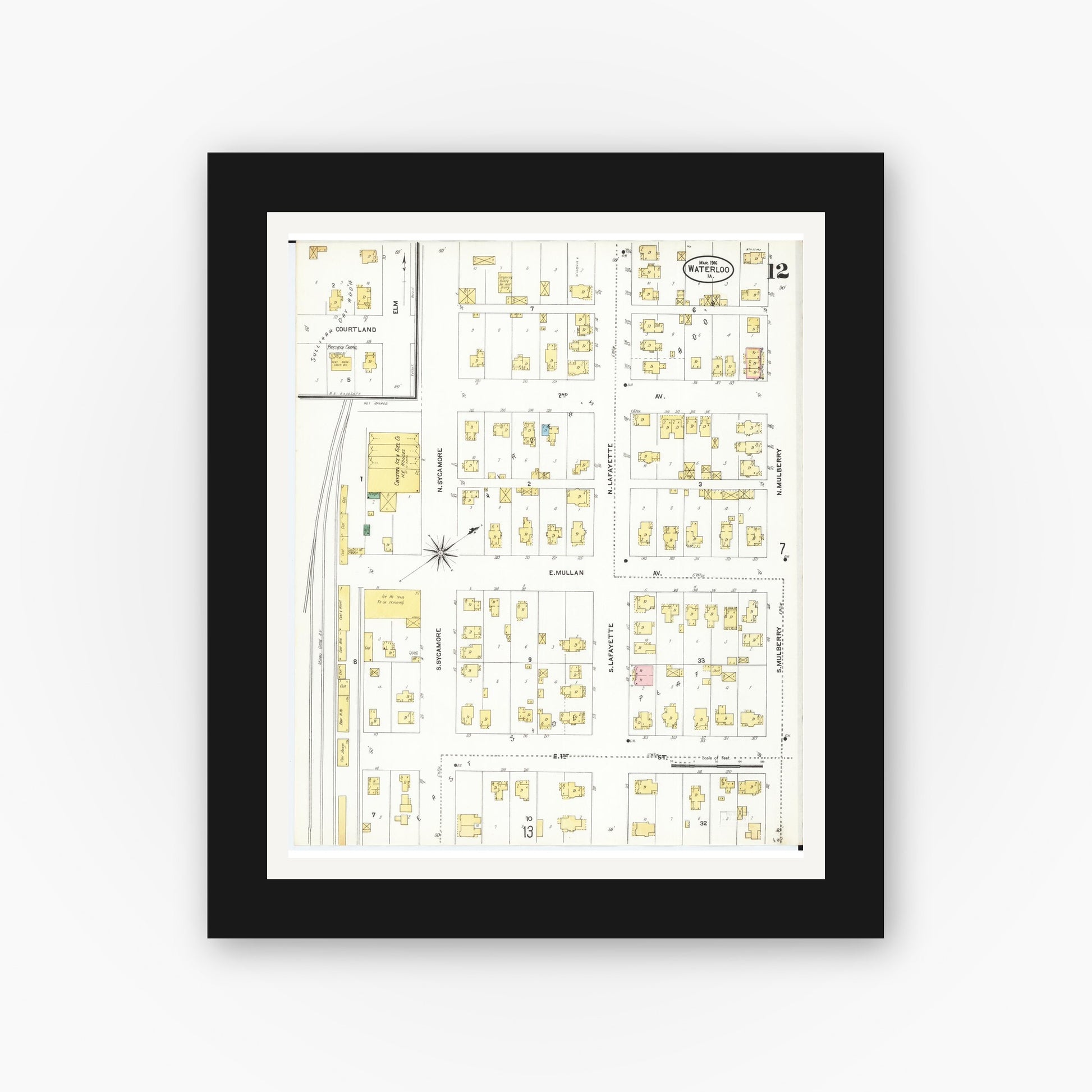 Old map wall art mockup — black gallery frame with white mat — Sanborn Fire Insurance Map from Waterloo, Black Hawk County, Iowa (1906), Sheet #0012