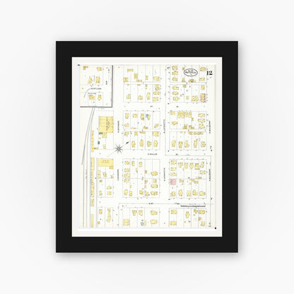 Old map wall art mockup — black gallery frame with white mat — Sanborn Fire Insurance Map from Waterloo, Black Hawk County, Iowa (1906), Sheet #0012