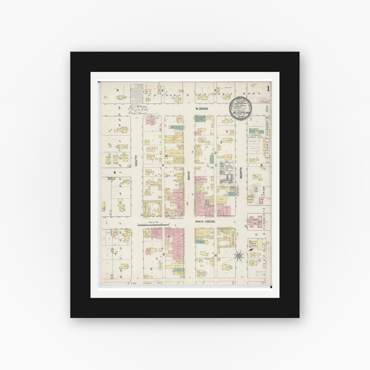 Old map wall art mockup — black gallery frame with white mat — Sanborn Fire Insurance Map from Mount Sterling, Brown County, Illinois (1890), Sheet #0001