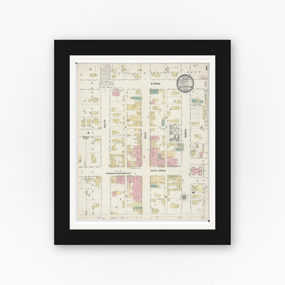 Old map wall art mockup — black gallery frame with white mat — Sanborn Fire Insurance Map from Mount Sterling, Brown County, Illinois (1890), Sheet #0001