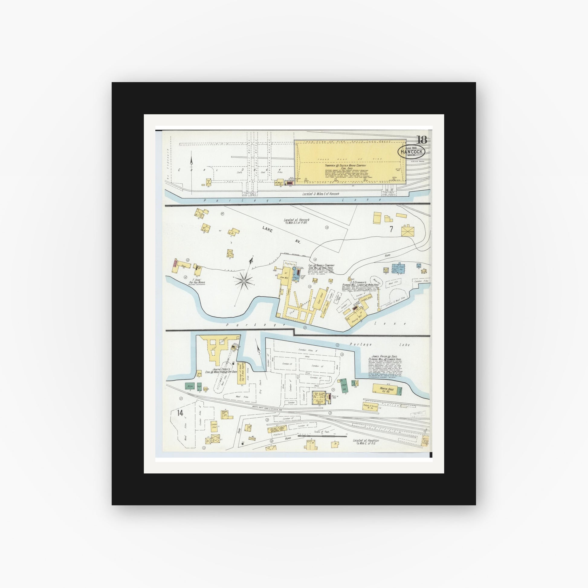 Old map wall art mockup — black gallery frame with white mat — Sanborn Fire Insurance Map from Houghton, Houghton County, Michigan (1900), Sheet #0018