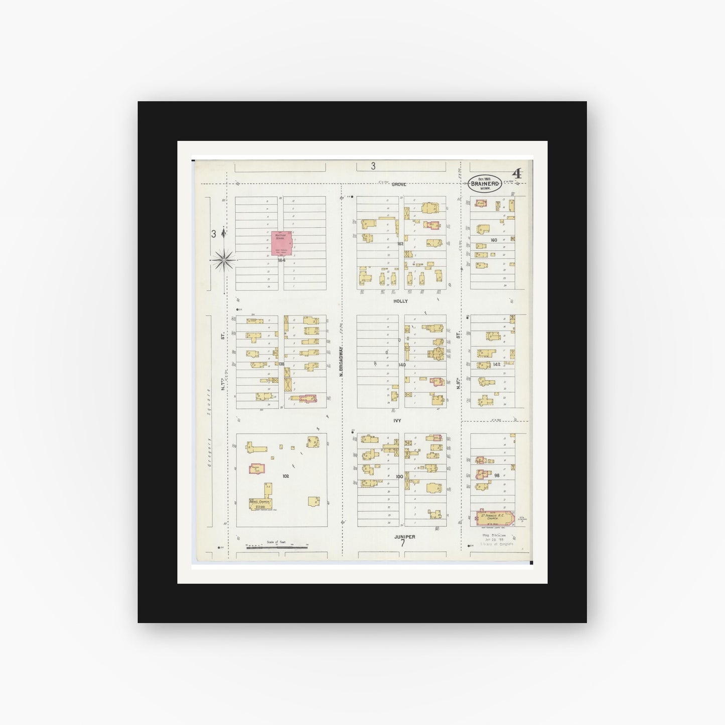 Old map wall art mockup — black gallery frame with white mat — Sanborn Fire Insurance Map from Brainerd, Crow Wing County, Minnesota (1902), Sheet #0004