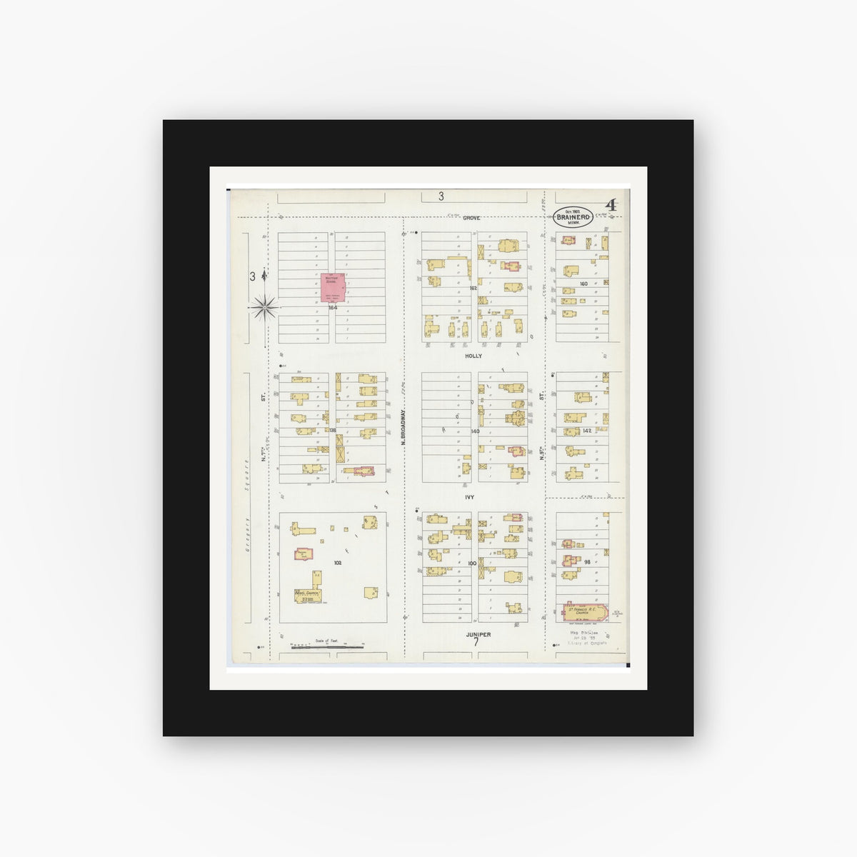Old map wall art mockup — black gallery frame with white mat — Sanborn Fire Insurance Map from Brainerd, Crow Wing County, Minnesota (1902), Sheet #0004