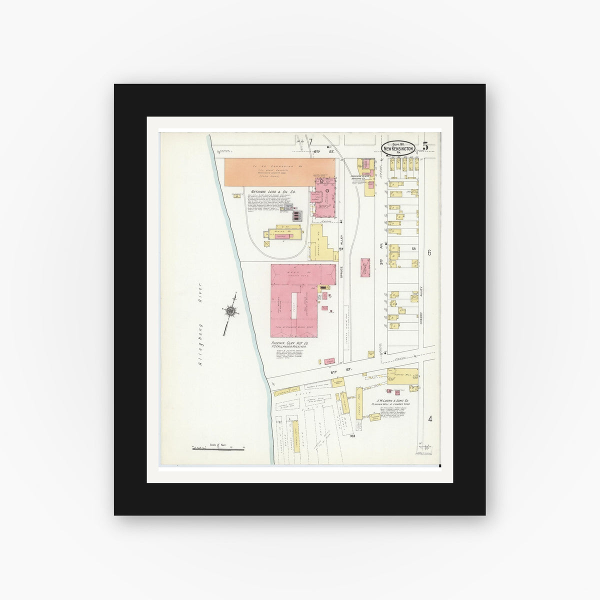 Old map wall art mockup — black gallery frame with white mat — Sanborn Fire Insurance Map from New Kensington, Westmoreland County, Pennsylvania (1911), Sheet #0005