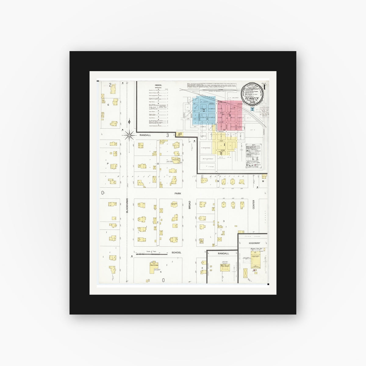 Old map wall art mockup — black gallery frame with white mat — Sanborn Fire Insurance Map from Reinbeck, Grundy County, Iowa (1900) â€” Complete Set