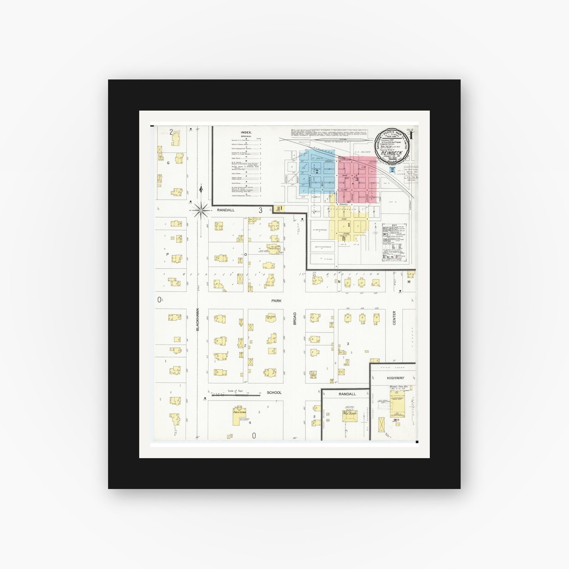 Old map wall art mockup — black gallery frame with white mat — Sanborn Fire Insurance Map from Reinbeck, Grundy County, Iowa (1900) â€” Complete Set