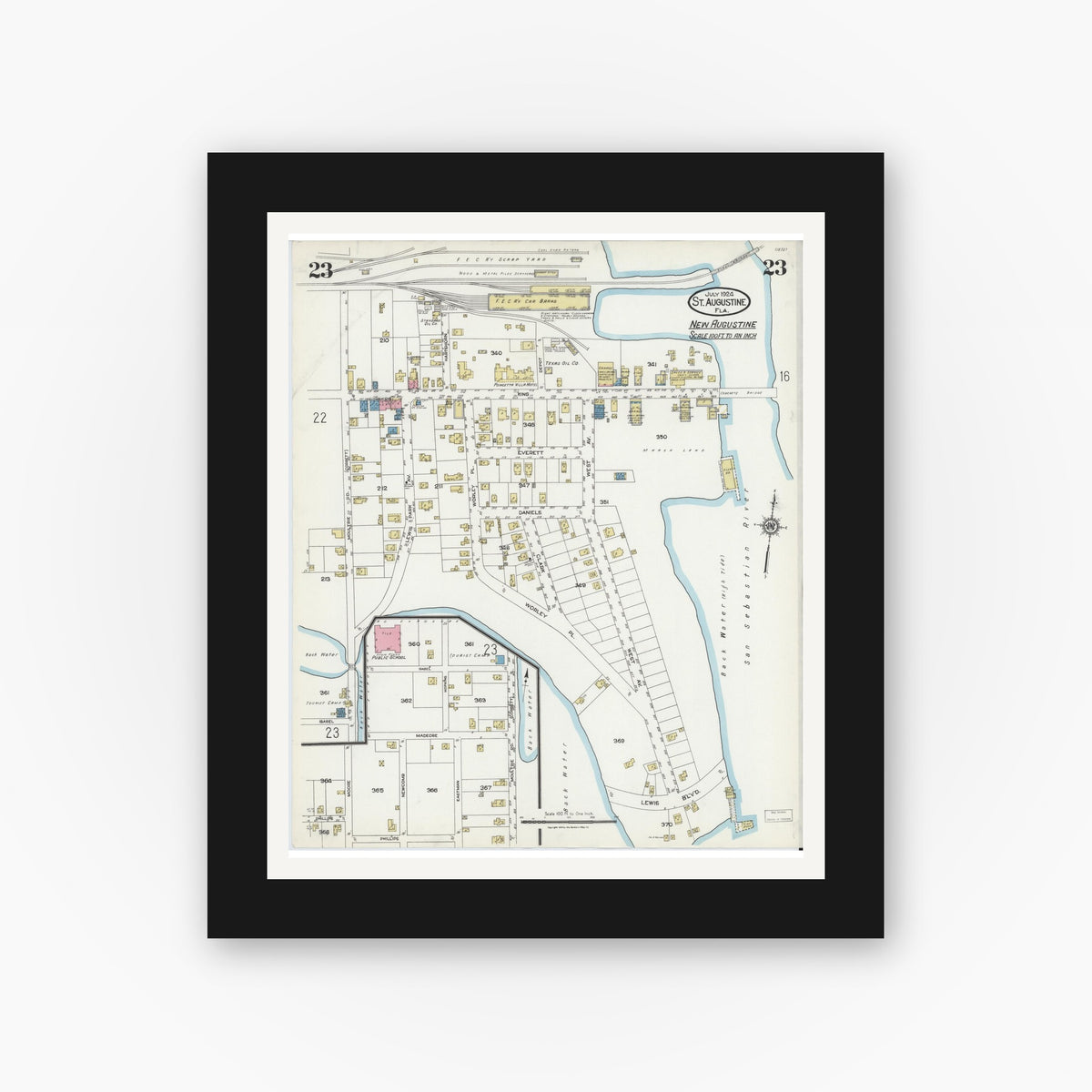 Old map wall art mockup — black gallery frame with white mat — Sanborn Fire Insurance Map from Saint Augustine, Saint John's County, Florida (1924), Sheet #0023