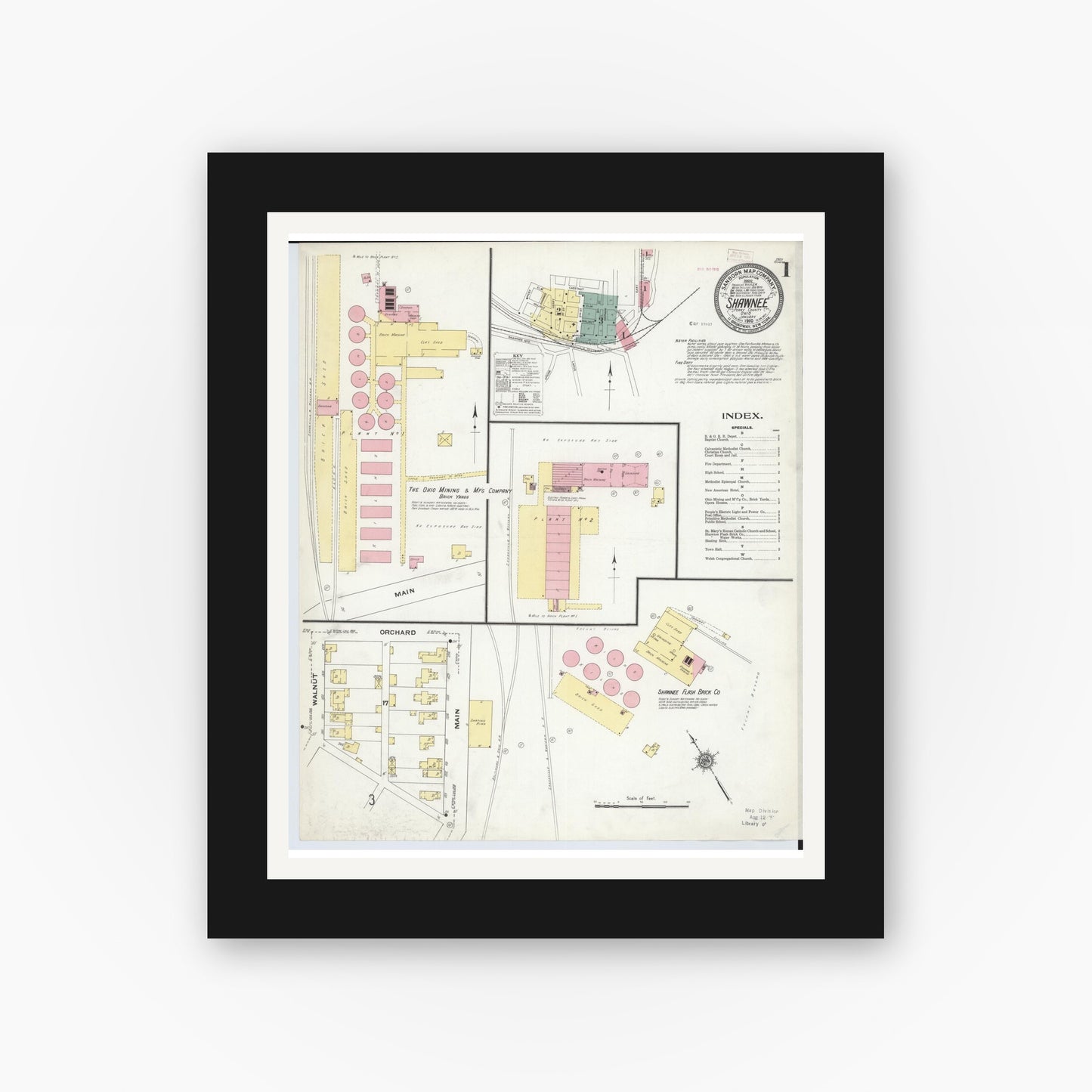 Old map wall art mockup — black gallery frame with white mat — Sanborn Fire Insurance Map from Shawnee, Perry County, Ohio (1910), Sheet #0001