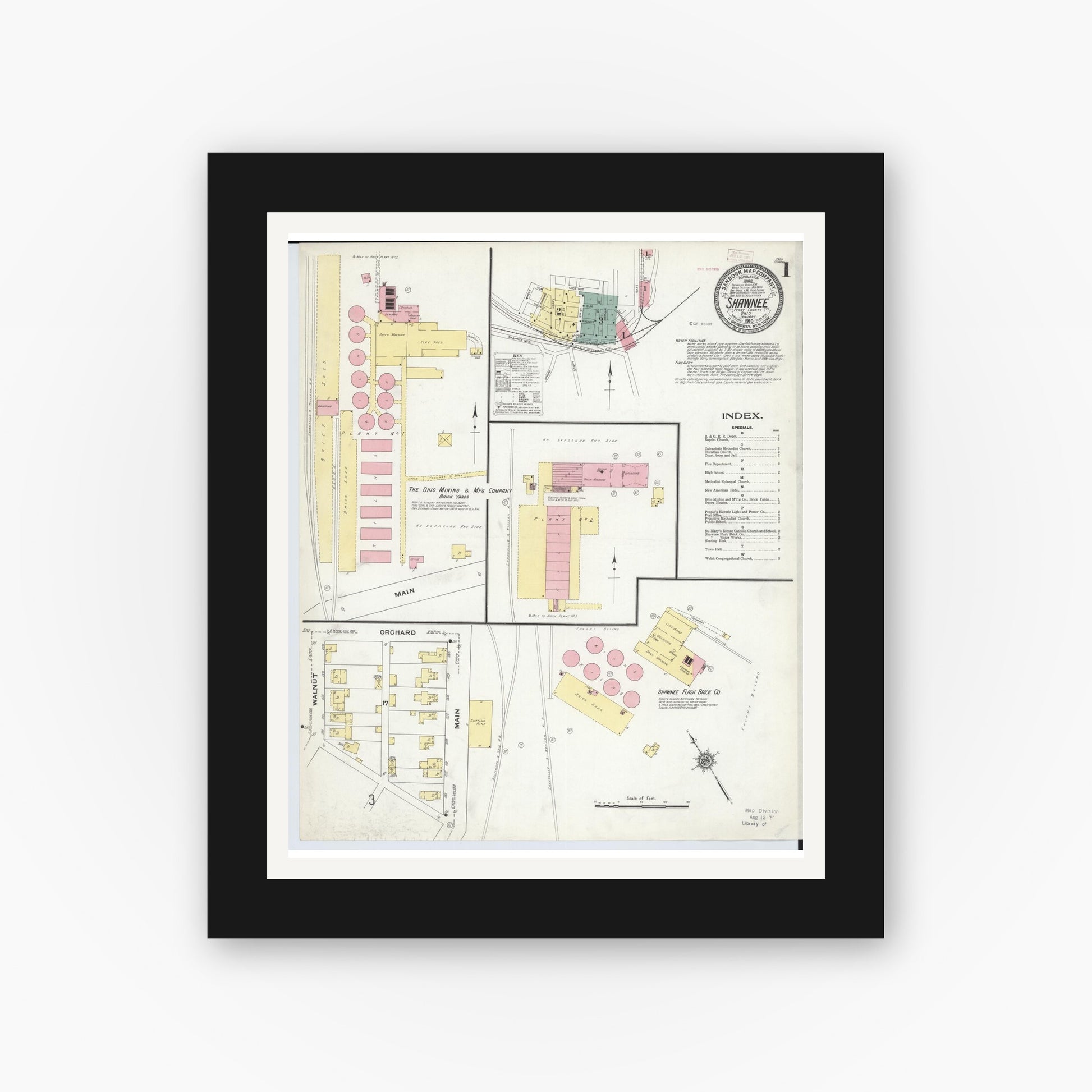 Old map wall art mockup — black gallery frame with white mat — Sanborn Fire Insurance Map from Shawnee, Perry County, Ohio (1910), Sheet #0001