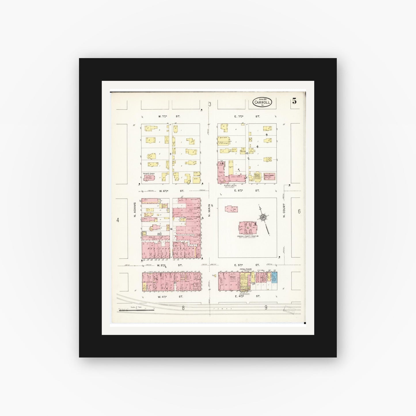 Old map wall art mockup — black gallery frame with white mat — Sanborn Fire Insurance Map from Carroll, Carroll County, Iowa (1915), Sheet #0005