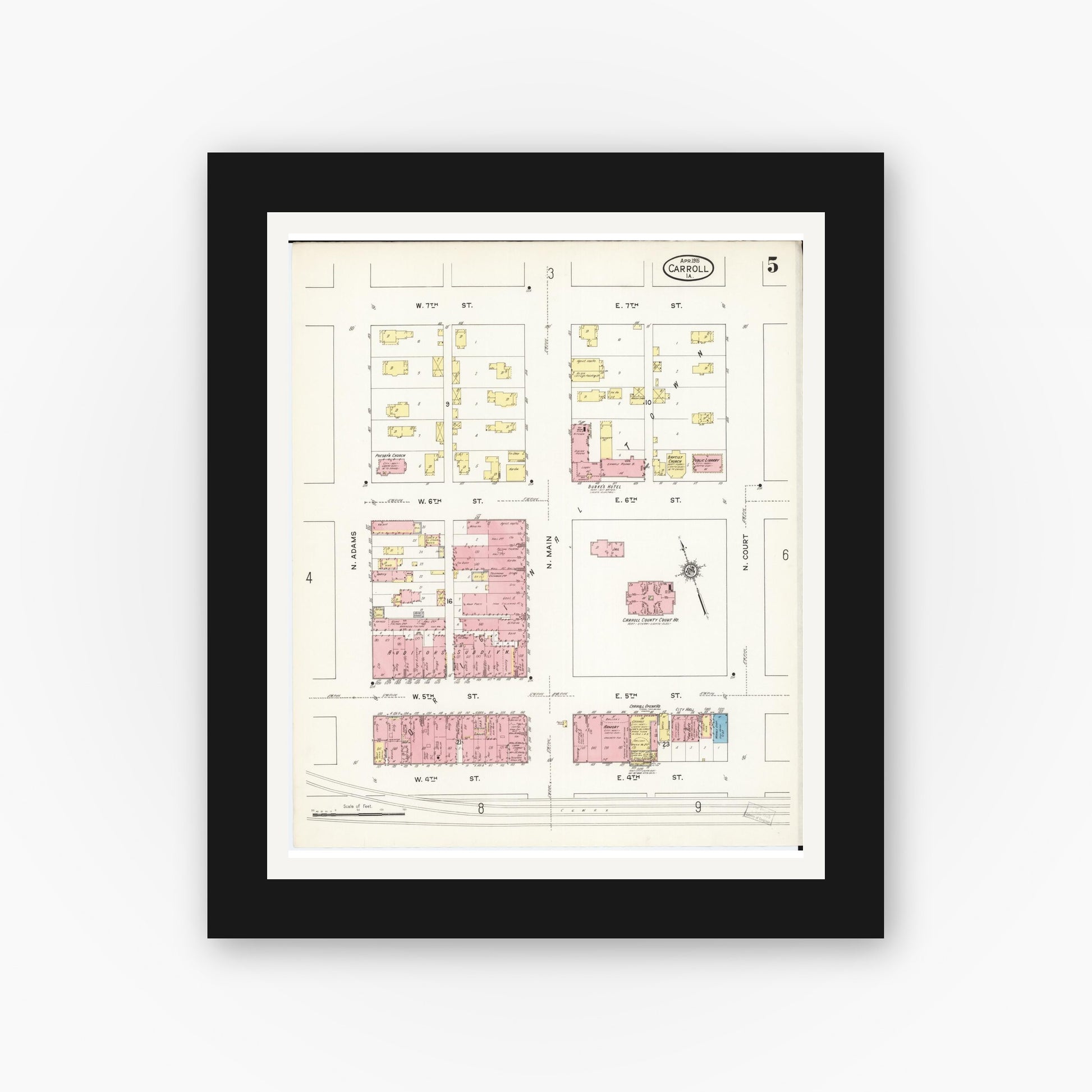 Old map wall art mockup — black gallery frame with white mat — Sanborn Fire Insurance Map from Carroll, Carroll County, Iowa (1915), Sheet #0005