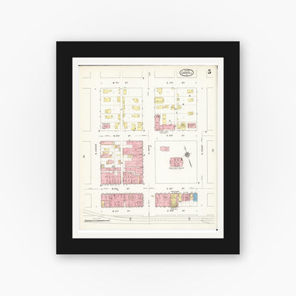 Old map wall art mockup — black gallery frame with white mat — Sanborn Fire Insurance Map from Carroll, Carroll County, Iowa (1915), Sheet #0005