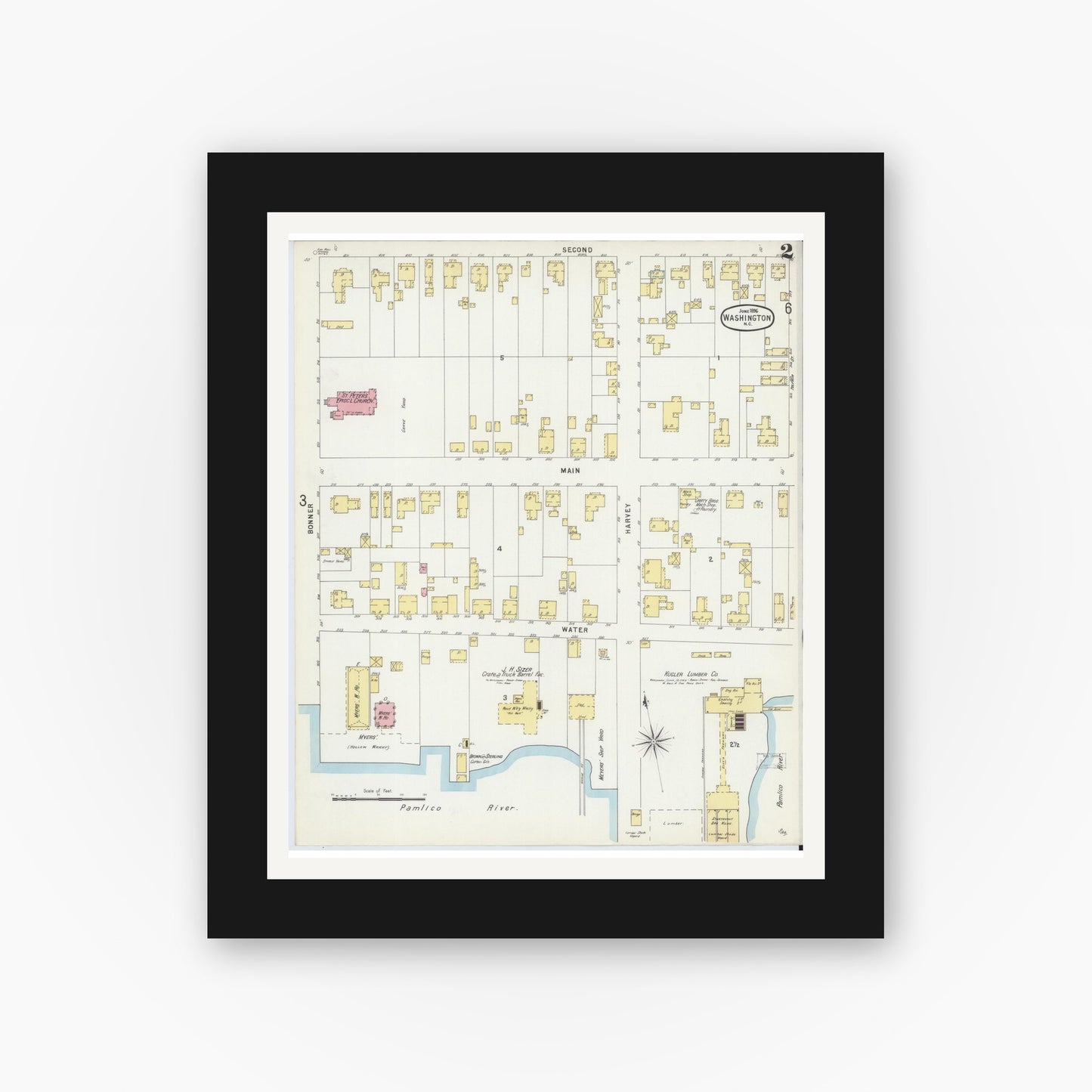 Old map wall art mockup — black gallery frame with white mat — Sanborn Fire Insurance Map from Washington, Beaufort County, North Carolina (1896), Sheet #0002