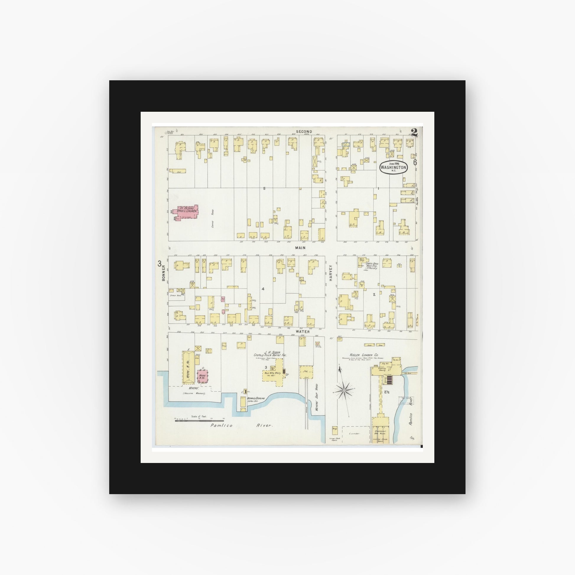 Old map wall art mockup — black gallery frame with white mat — Sanborn Fire Insurance Map from Washington, Beaufort County, North Carolina (1896), Sheet #0002