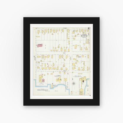 Old map wall art mockup — black gallery frame with white mat — Sanborn Fire Insurance Map from Washington, Beaufort County, North Carolina (1896), Sheet #0002