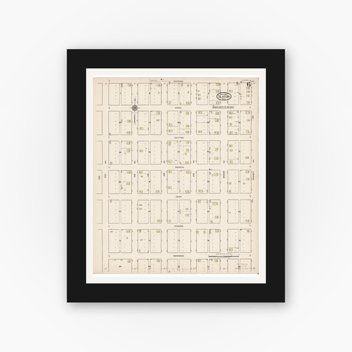 Old map wall art mockup — black gallery frame with white mat — Sanborn Fire Insurance Map from Slaton, Lubbock County, Texas (1922), Sheet #0006