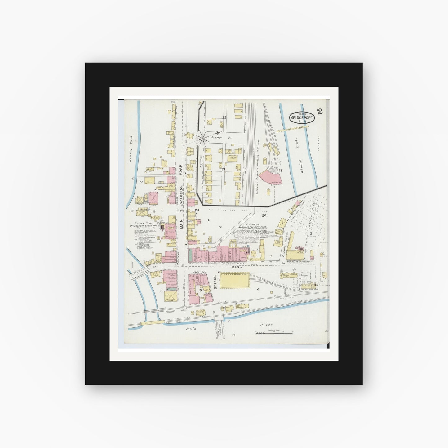Old map wall art mockup — black gallery frame with white mat — Sanborn Fire Insurance Map from Bridgeport, Belmont County, Ohio (1893), Sheet #0002