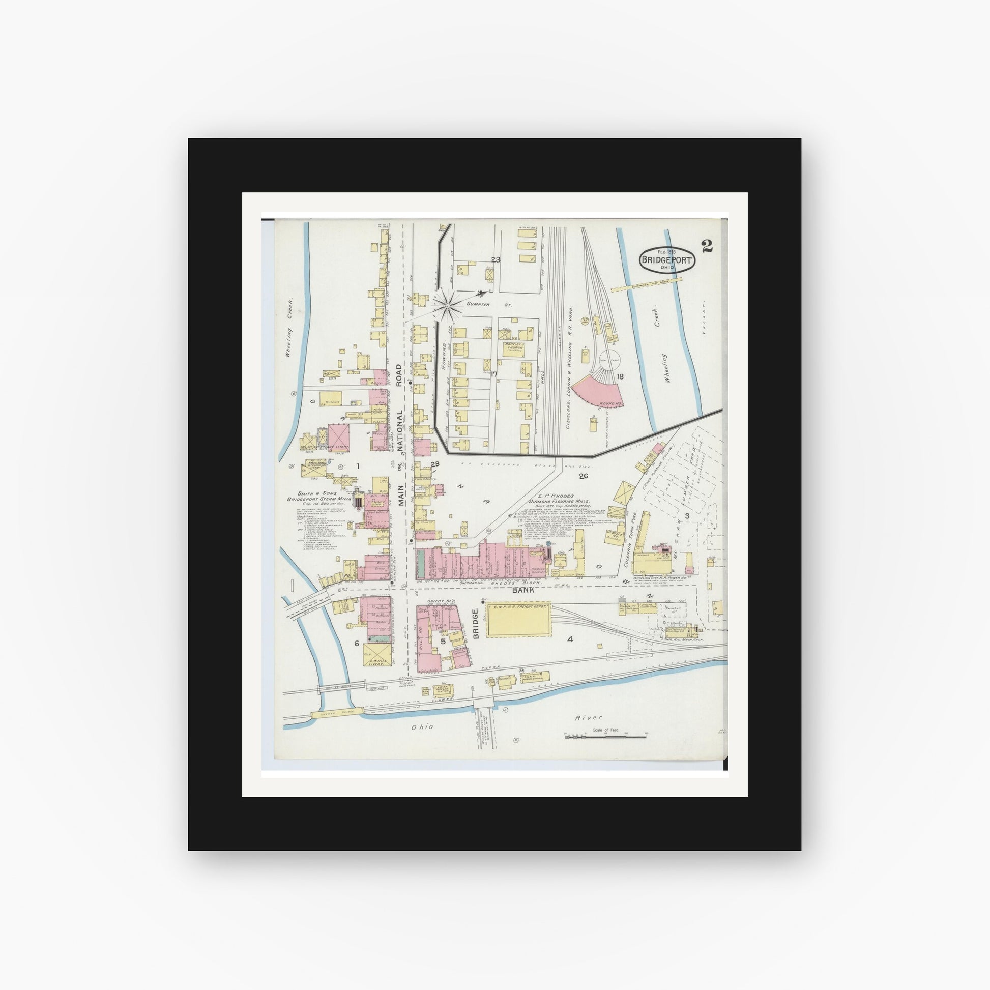 Old map wall art mockup — black gallery frame with white mat — Sanborn Fire Insurance Map from Bridgeport, Belmont County, Ohio (1893), Sheet #0002