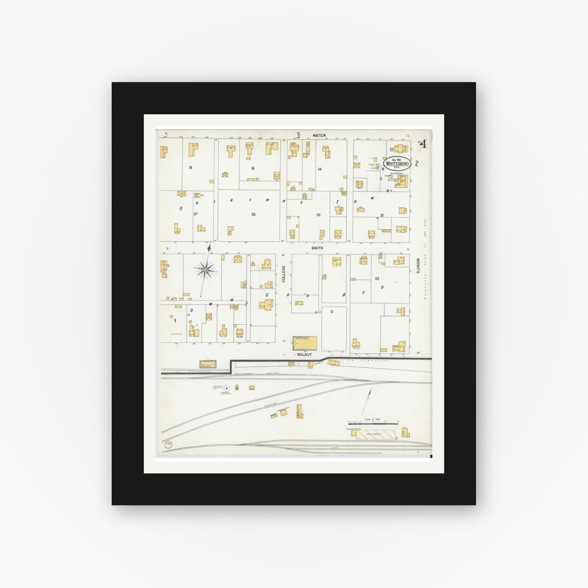 Old map wall art mockup — black gallery frame with white mat — Sanborn Fire Insurance Map from Whitesboro, Grayson County, Texas (1901), Sheet #0004