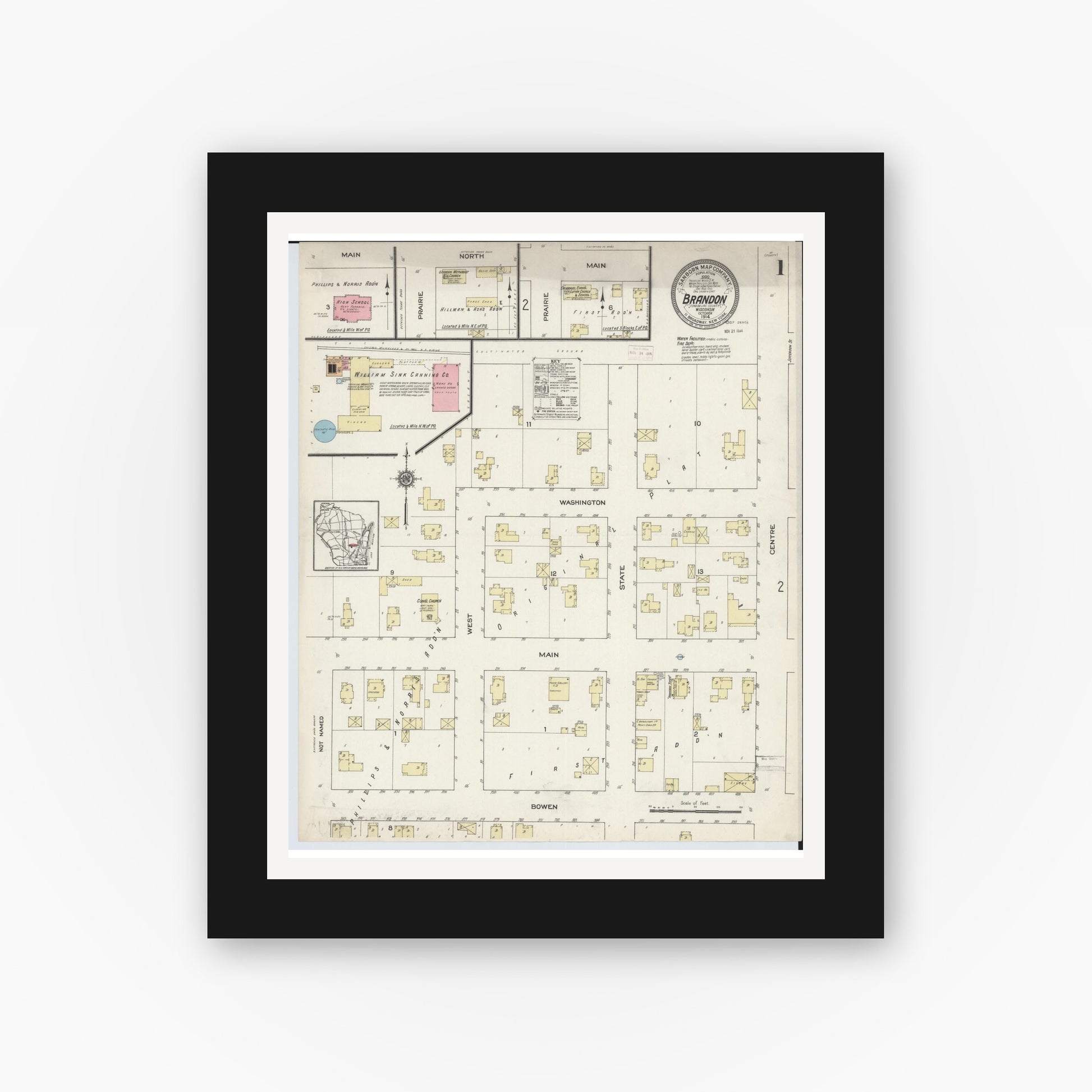 Old map wall art mockup — black gallery frame with white mat — Sanborn Fire Insurance Map from Brandon, Fond du Lac County, Wisconsin (1914) - Complete Map Set