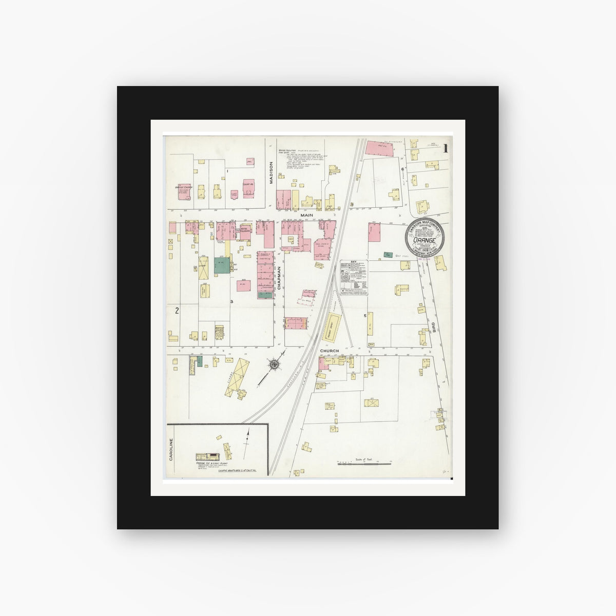 Old map wall art mockup — black gallery frame with white mat — Sanborn Fire Insurance Map from Orange, Orange County, Virginia (1909) - Complete Map Set