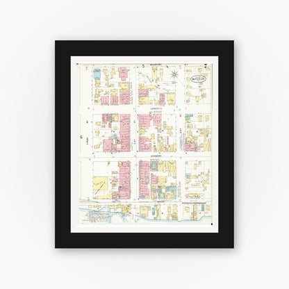 Old map wall art mockup — black gallery frame with white mat — Sanborn Fire Insurance Map from Waterloo, Black Hawk County, Iowa (1897), Sheet #0007