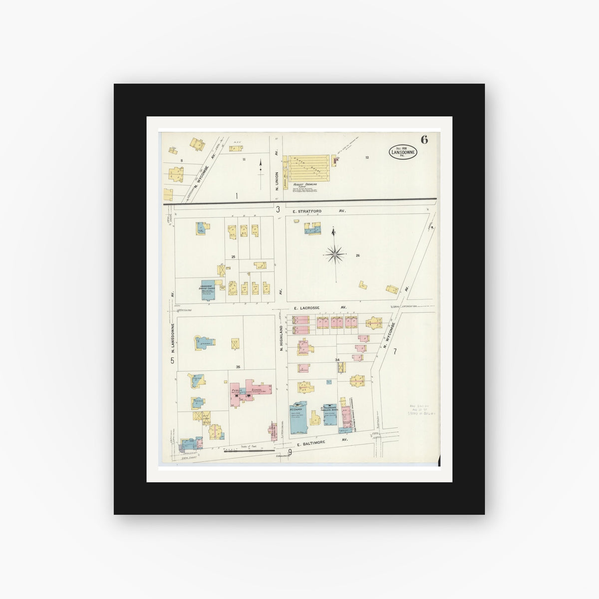 Old map wall art mockup — black gallery frame with white mat — Sanborn Fire Insurance Map from Lansdowne, Delaware County, Pennsylvania (1908), Sheet #0006