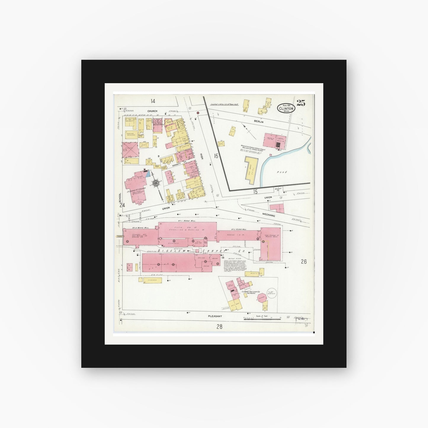 Old map wall art mockup — black gallery frame with white mat — Sanborn Fire Insurance Map from Clinton, Worcester County, Massachusetts (1911), Sheet #0025
