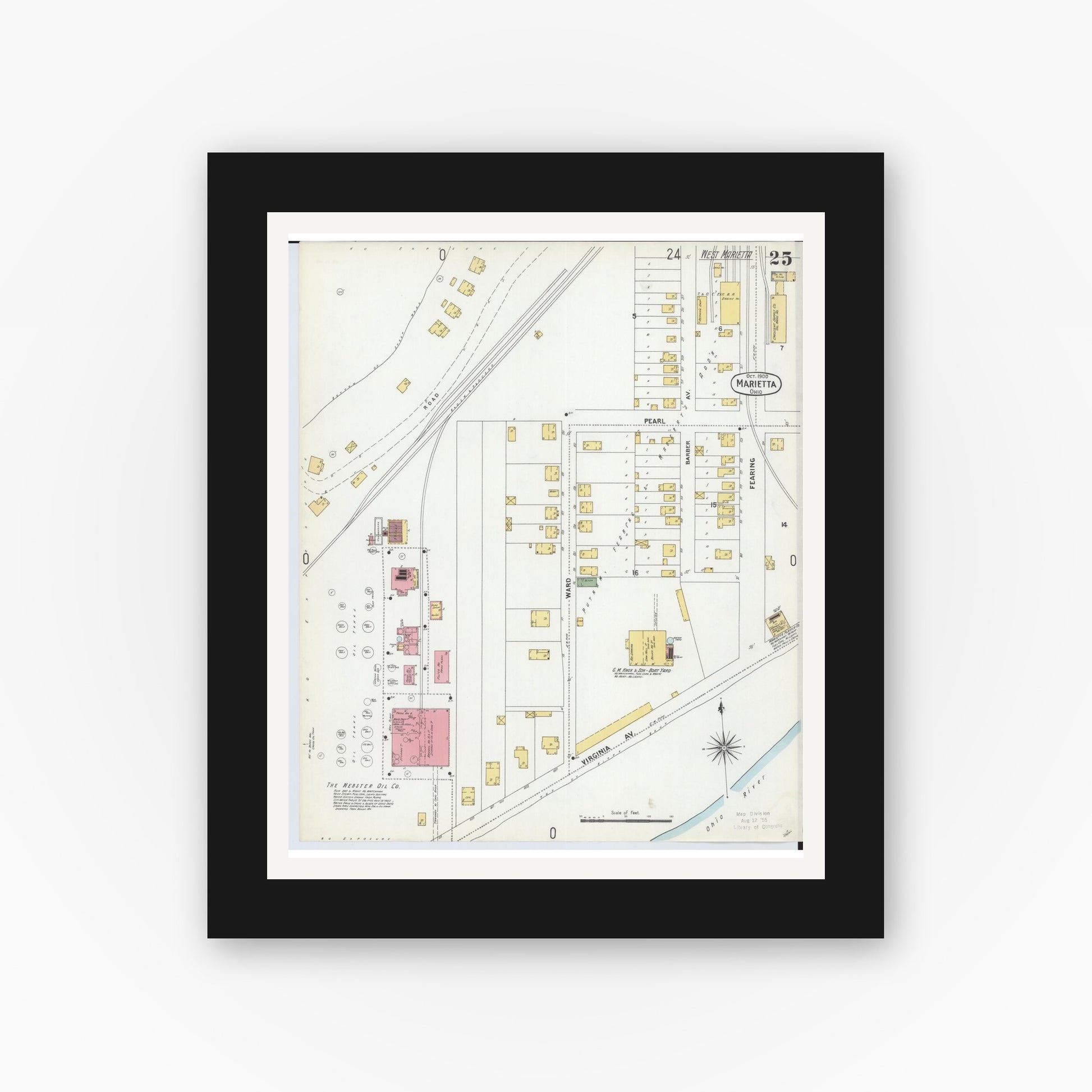 Old map wall art mockup — black gallery frame with white mat — Sanborn Fire Insurance Map from Marietta, Washington County, Ohio (1900), Sheet #0025