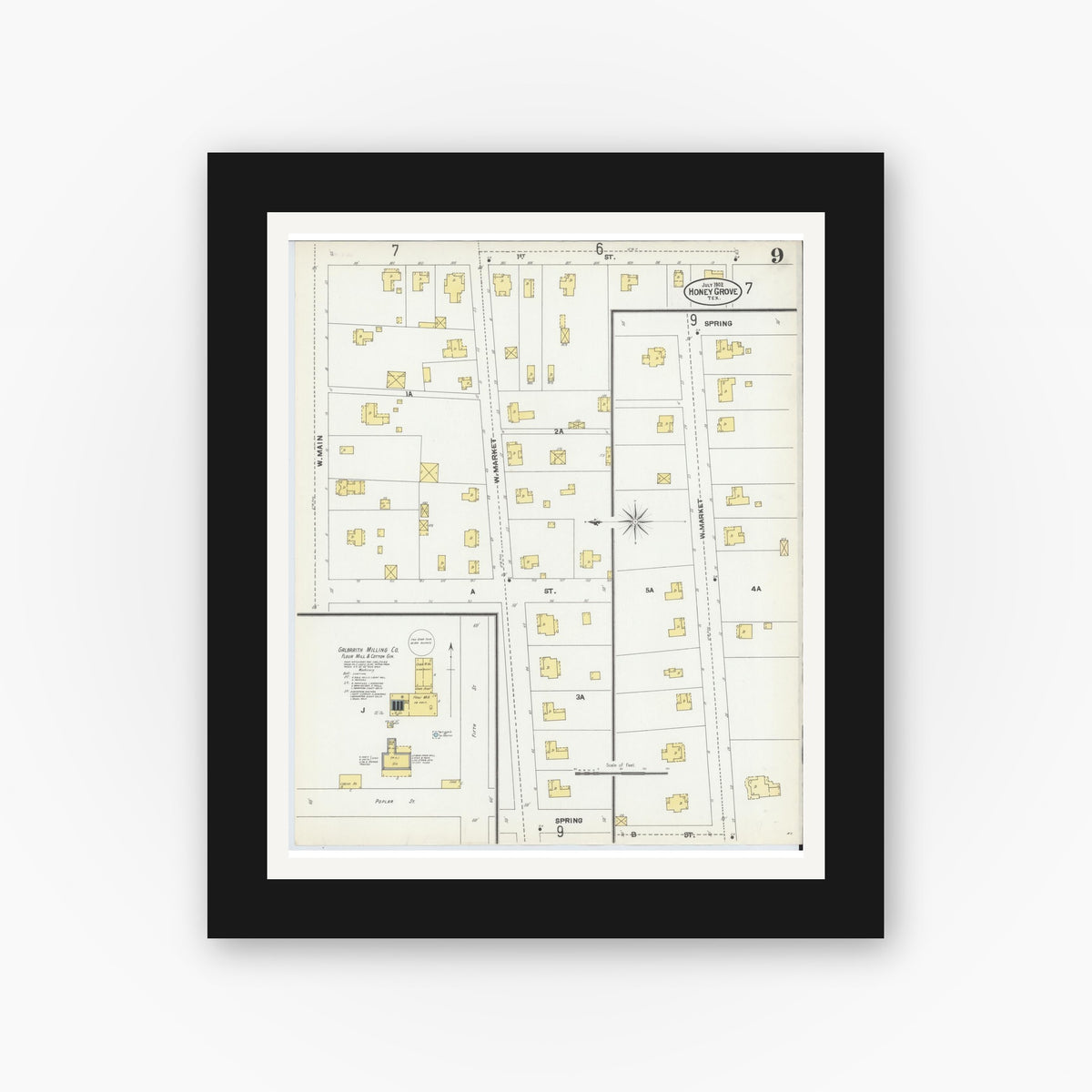 Old map wall art mockup — black gallery frame with white mat — Sanborn Fire Insurance Map from Honey Grove, Fannin County, Texas (1902), Sheet #0009