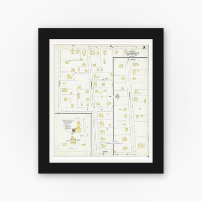 Old map wall art mockup — black gallery frame with white mat — Sanborn Fire Insurance Map from Honey Grove, Fannin County, Texas (1902), Sheet #0009