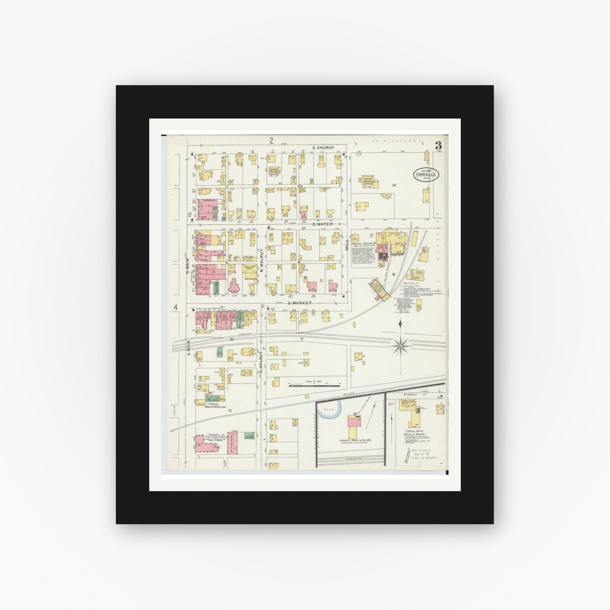 Old map wall art mockup — black gallery frame with white mat — Sanborn Fire Insurance Map from Orrville, Wayne County, Ohio (1899), Sheet #0003