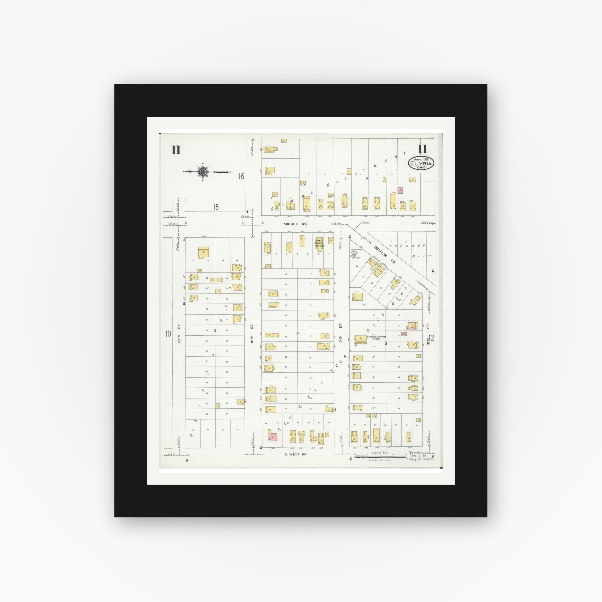 Old map wall art mockup — black gallery frame with white mat — Sanborn Fire Insurance Map from Elyria, Lorain County, Ohio (1925), Sheet #0011