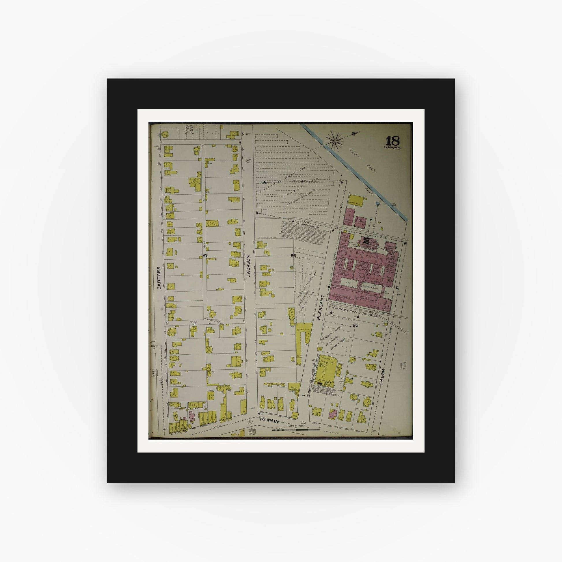 Old map wall art mockup — black gallery frame with white mat — Sanborn Fire Insurance Map from Akron, Summit County, Ohio (1892), Sheet #0018