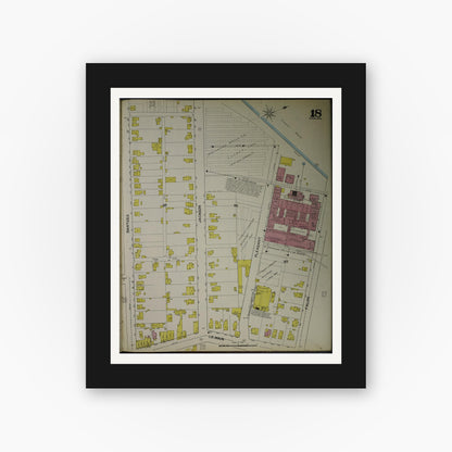 Old map wall art mockup — black gallery frame with white mat — Sanborn Fire Insurance Map from Akron, Summit County, Ohio (1892), Sheet #0018
