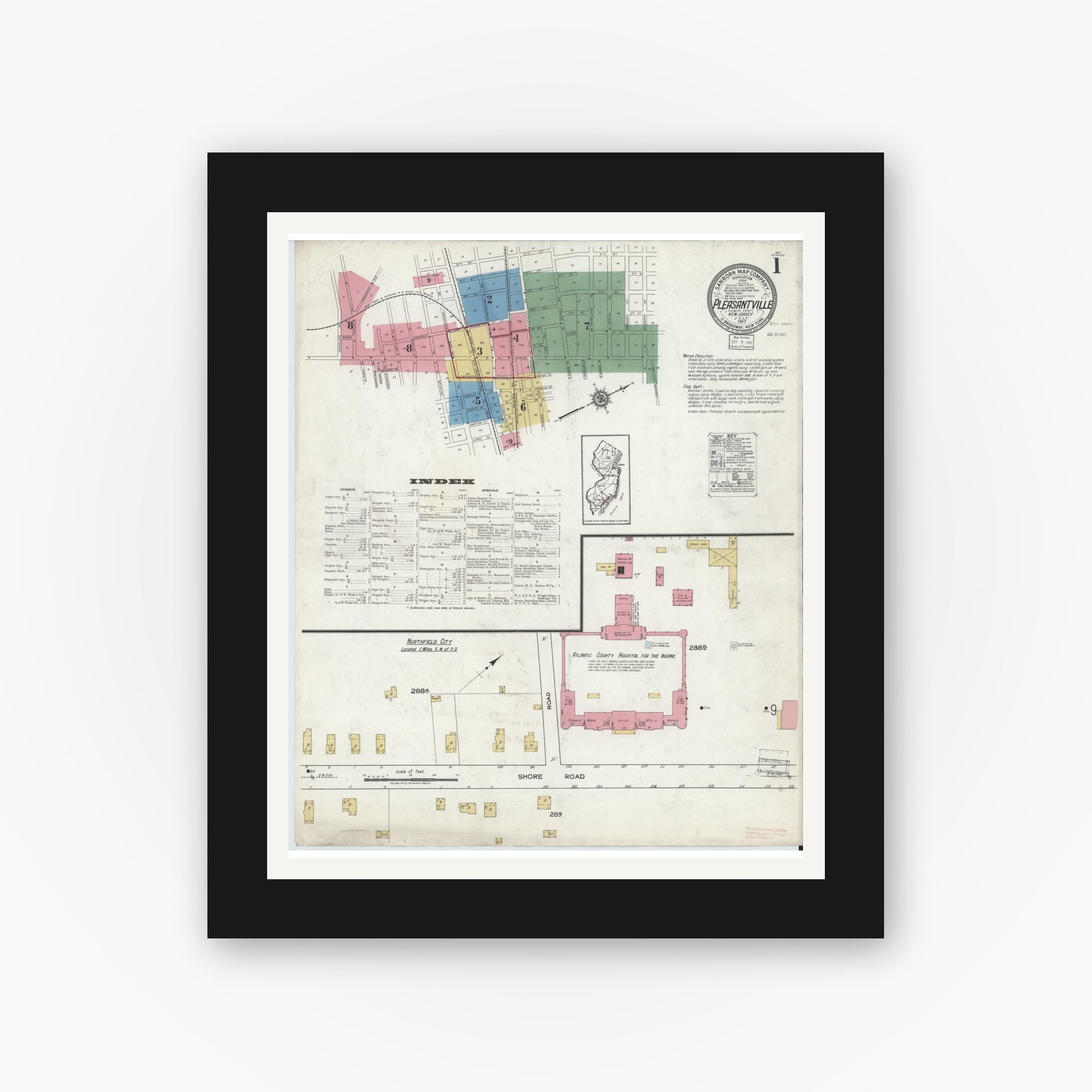 Old map wall art mockup — black gallery frame with white mat — Sanborn Fire Insurance Map from Pleasantville, Atlantic County, New Jersey (1917), Sheet #0001