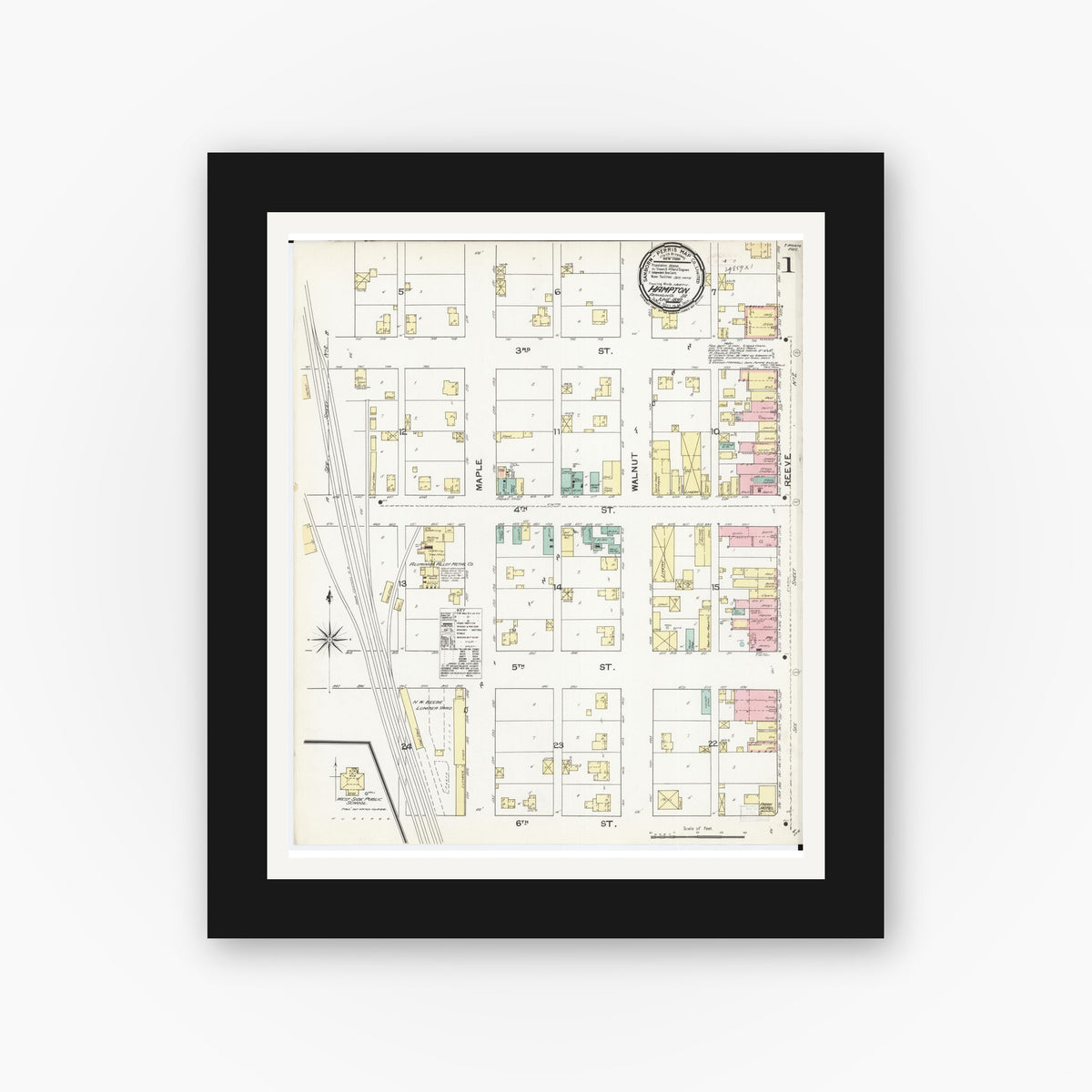 Old map wall art mockup — black gallery frame with white mat — Sanborn Fire Insurance Map from Hampton, Franklin County, Iowa (1892) â€” Complete Set