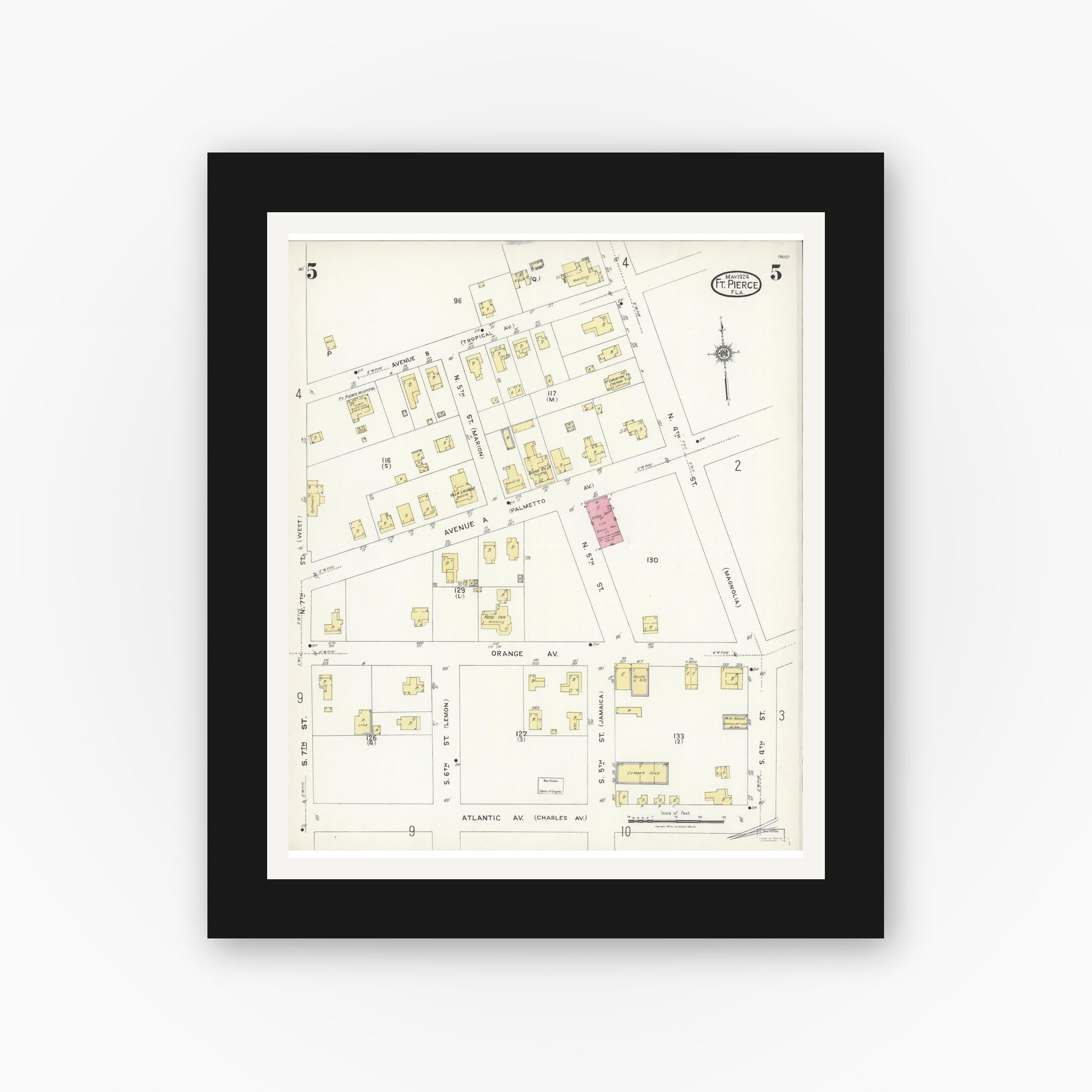 Old map wall art mockup — black gallery frame with white mat — Sanborn Fire Insurance Map from Fort Pierce, St Lucie County, Florida (1924), Sheet #0005