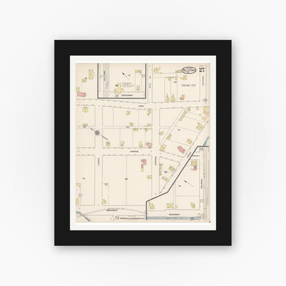 Old map wall art mockup — black gallery frame with white mat — Sanborn Fire Insurance Map from Bellefonte, Centre County, Pennsylvania (1922), Sheet #0027