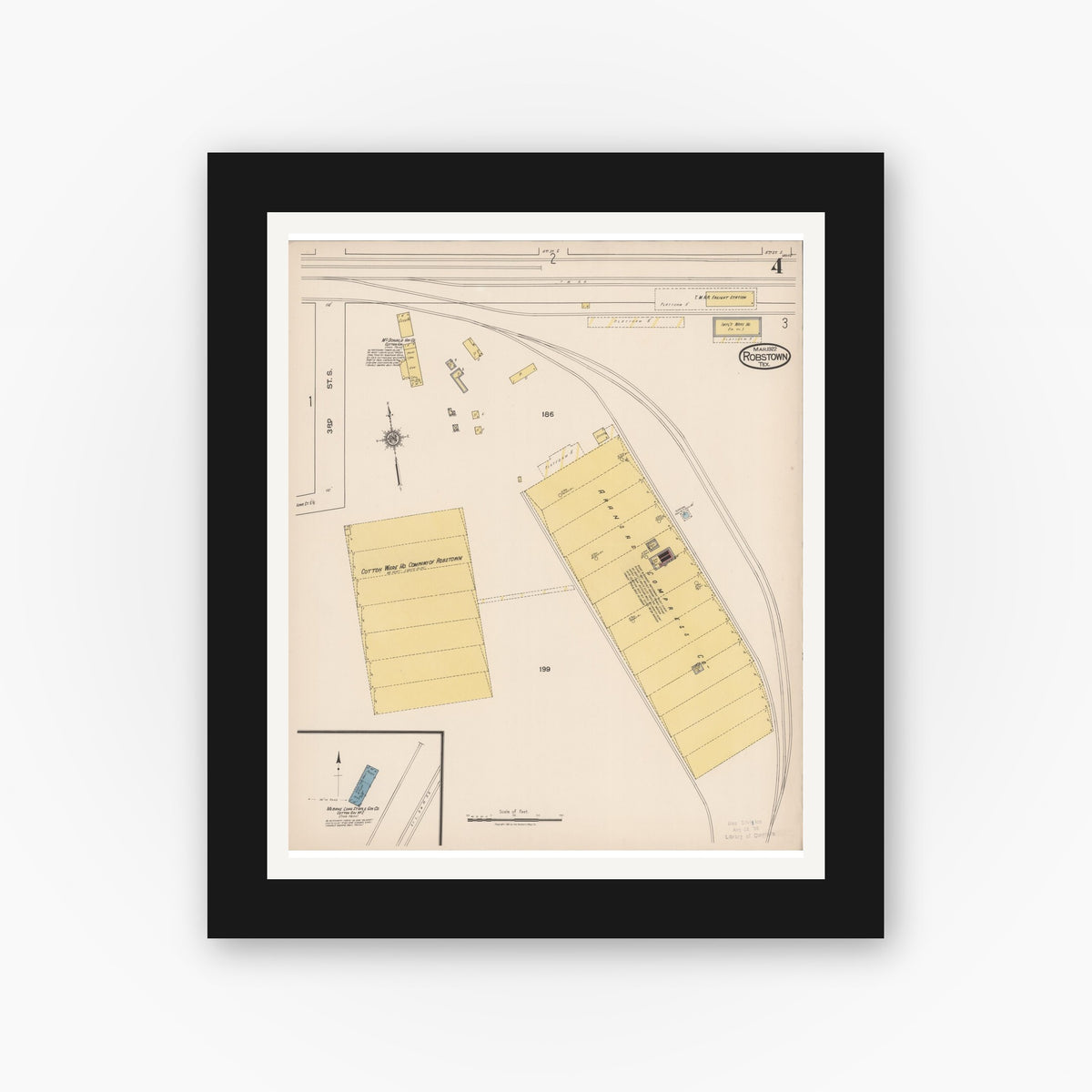 Old map wall art mockup — black gallery frame with white mat — Sanborn Fire Insurance Map from Robstown, Nueces County, Texas (1922), Sheet #0004