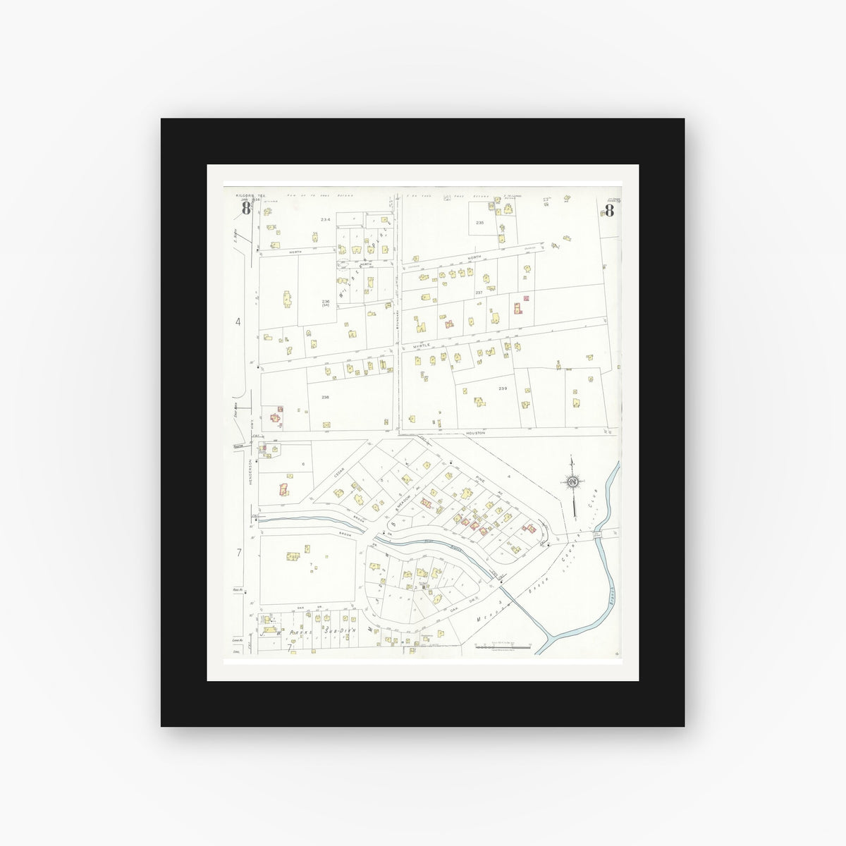 Old map wall art mockup — black gallery frame with white mat — Sanborn Fire Insurance Map from Kilgore, Gregg County, Texas (1936), Sheet #0008