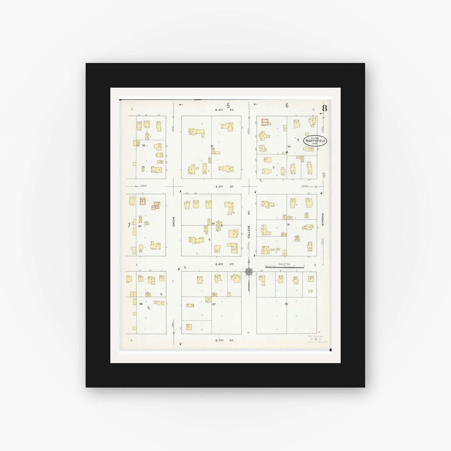 Old map wall art mockup — black gallery frame with white mat — Sanborn Fire Insurance Map from Northfield, Rice County, Minnesota (1910), Sheet #0008