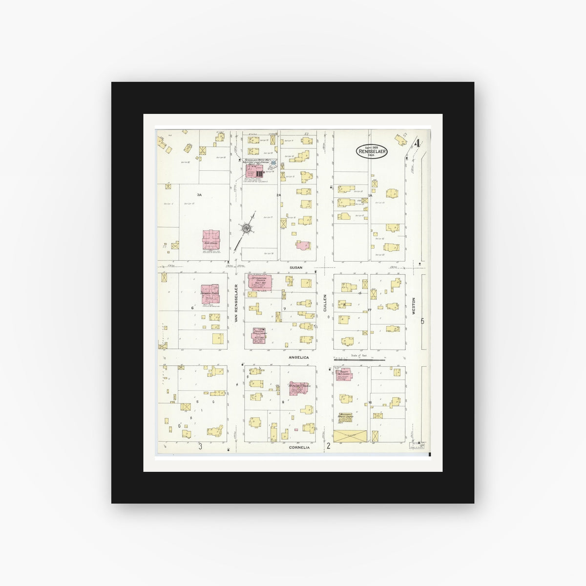 Old map wall art mockup — black gallery frame with white mat — Sanborn Fire Insurance Map from Rensselaer, Jasper County, Indiana (1909), Sheet #0004