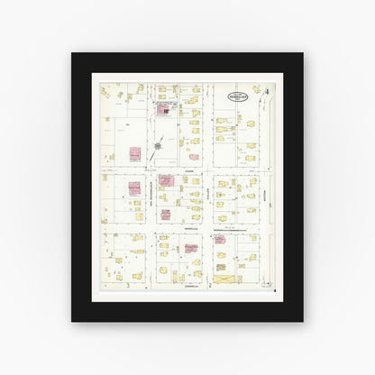 Old map wall art mockup — black gallery frame with white mat — Sanborn Fire Insurance Map from Rensselaer, Jasper County, Indiana (1909), Sheet #0004