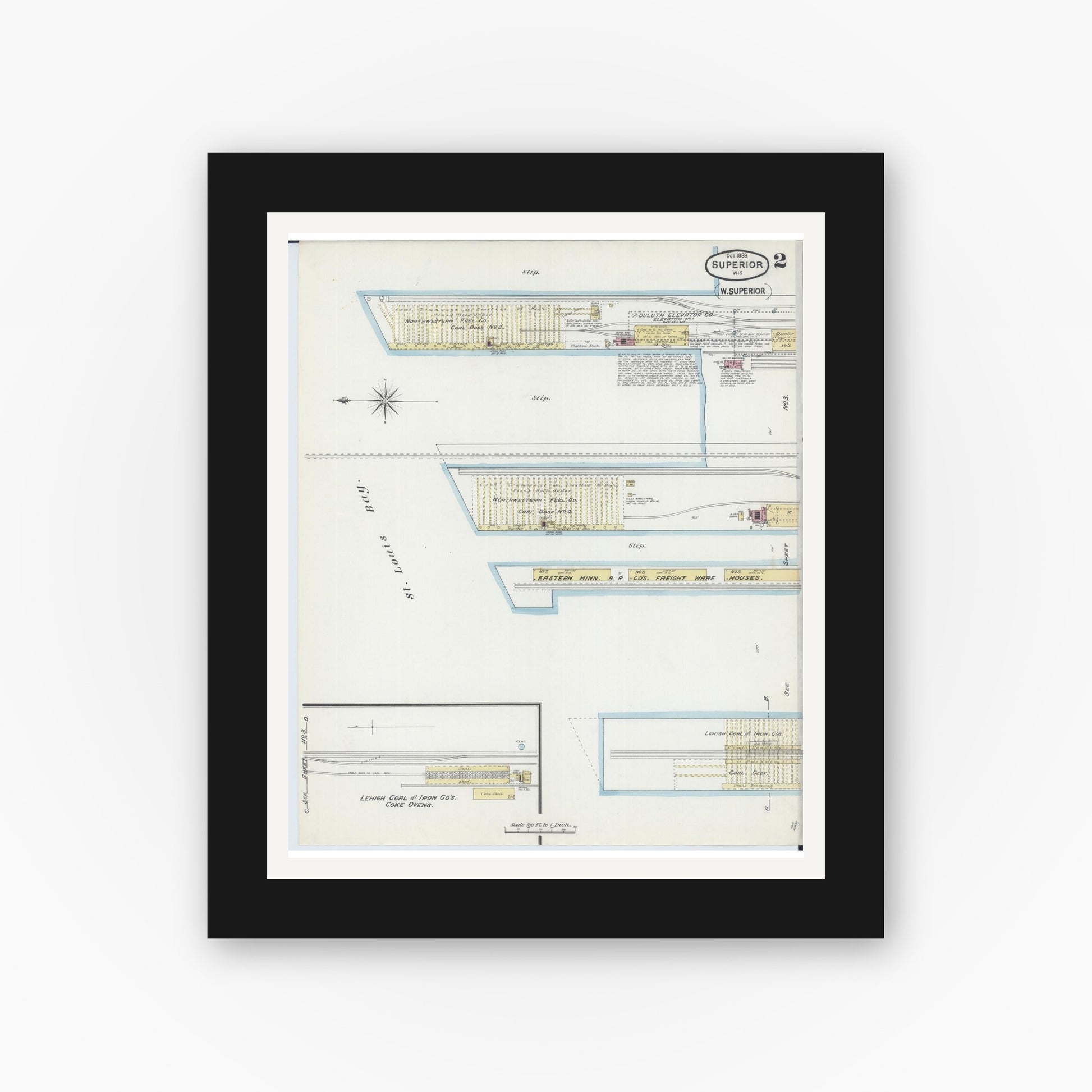Old map wall art mockup — black gallery frame with white mat — Sanborn Fire Insurance Map from Superior, Douglas County, Wisconsin (1889), Sheet #0002