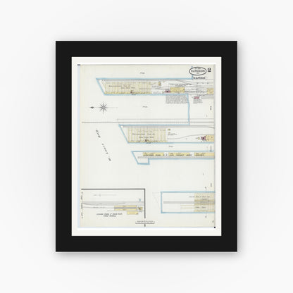 Old map wall art mockup — black gallery frame with white mat — Sanborn Fire Insurance Map from Superior, Douglas County, Wisconsin (1889), Sheet #0002