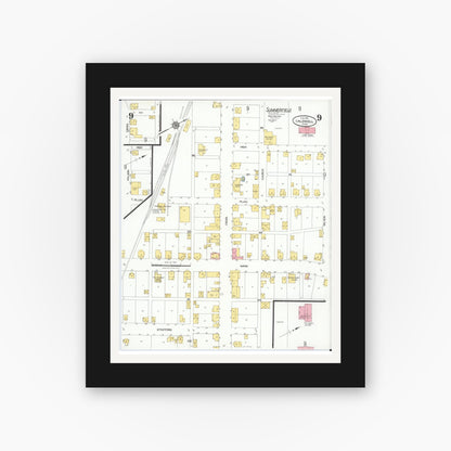 Old map wall art mockup — black gallery frame with white mat — Sanborn Fire Insurance Map from Caldwell, Noble County, Ohio (1923), Sheet #0009